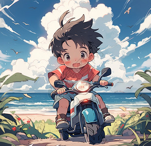 骑着电瓶车出行郊游的小男孩二次元可爱插画图片