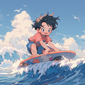 夏天在海边冲浪的小男孩二次元清凉插画高清图片