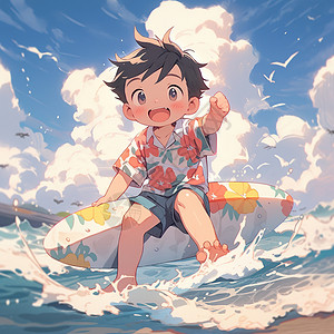 夏天在海边冲浪的小男孩动漫二次元清凉插画高清图片