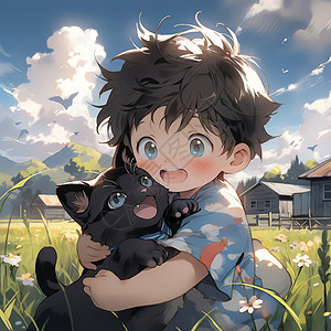 夏天田园里抱着猫咪的小男孩二次元插画图片