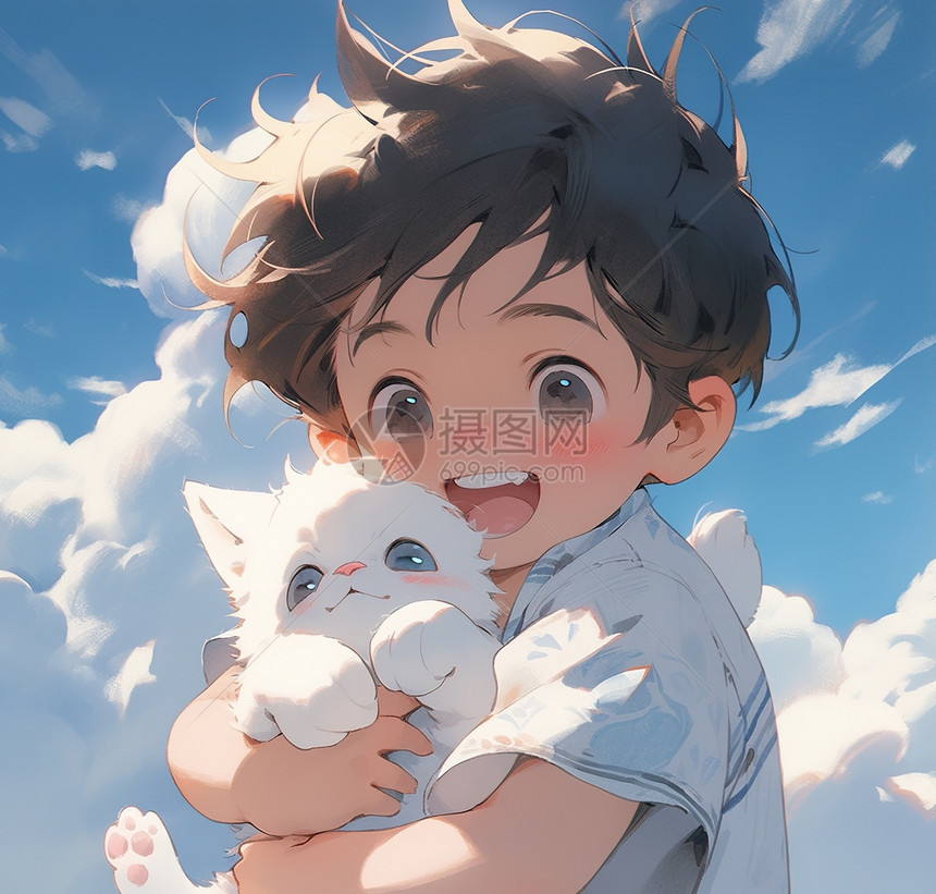 夏天田园里抱着猫咪的小男孩卡通可爱二次元插画图片