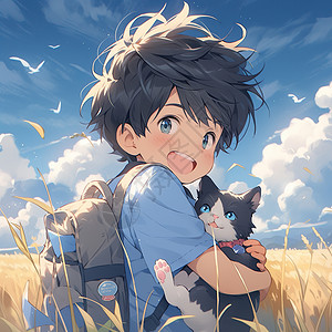 夏天田园里抱着猫咪的小男孩动漫二次元插画背景图片