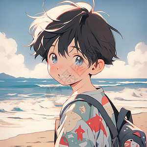夏天在沙滩边上的小男孩二次元可爱插画背景图片