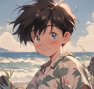 夏天在沙滩边上的小男孩卡通可爱插画背景图片
