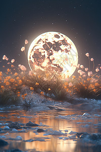 璀璨星河上的月亮梦幻插画背景图片