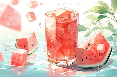 夏日水果西瓜冰饮卡通插画图片