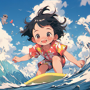 夏日海上冲浪女孩可爱插画背景图片