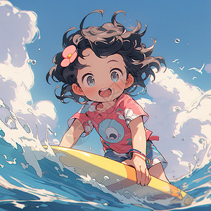 夏日海上冲浪女孩二次元插画图片