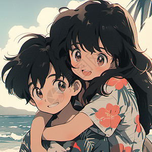 夏日在海边玩耍的情侣动漫卡通可爱插画背景图片