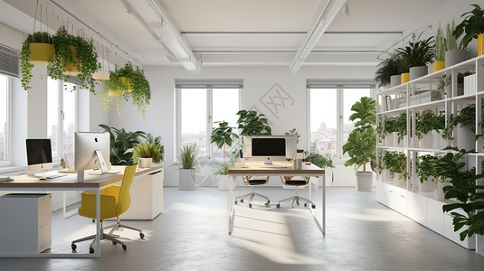 摆放着绿植的办公室效果设计图高清图片
