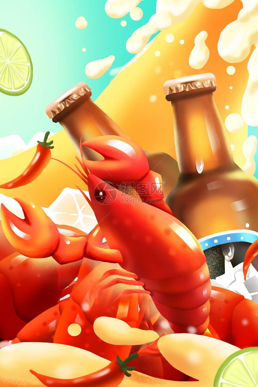 夏季小龙虾啤酒美食主题插画图片