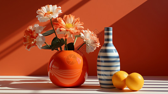橙色花朵头桌台上的时尚橙色花瓶设计图片