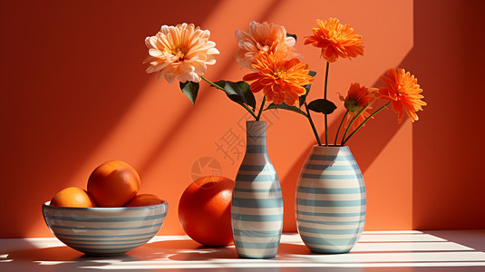 在碗里圣女果插在条纹花瓶中的鲜花放和条纹碗设计图片