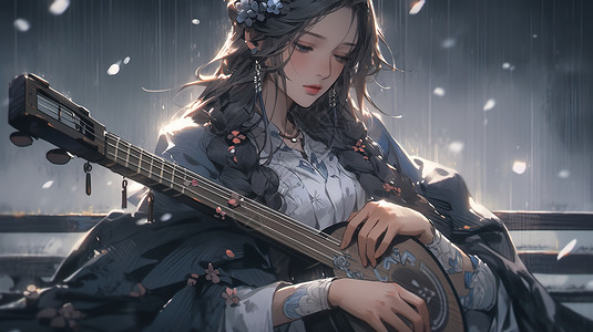 琴女雨中拿着乐器的少女插画