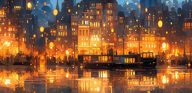 城市河流码头灯火通明的码头城市插画