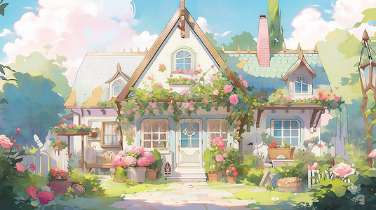 独栋房子满是鲜花的房子插画