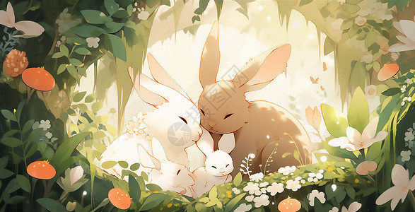 互相拥抱的兔子一家插画
