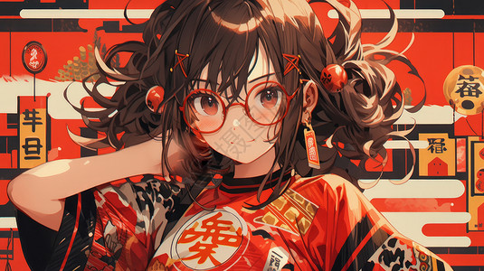 戴眼镜穿红色喜庆传统服饰的卡通女孩背景图片