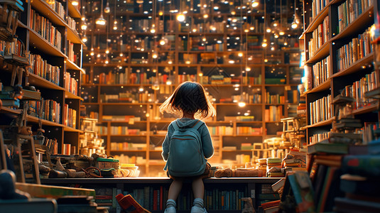 图书馆里素材小女孩看着图书馆里的点点星光插画