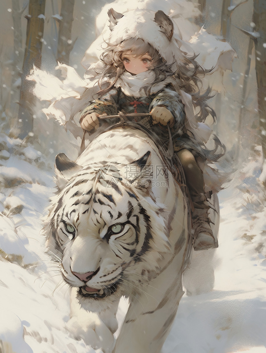 可爱的小女孩骑着白虎图片