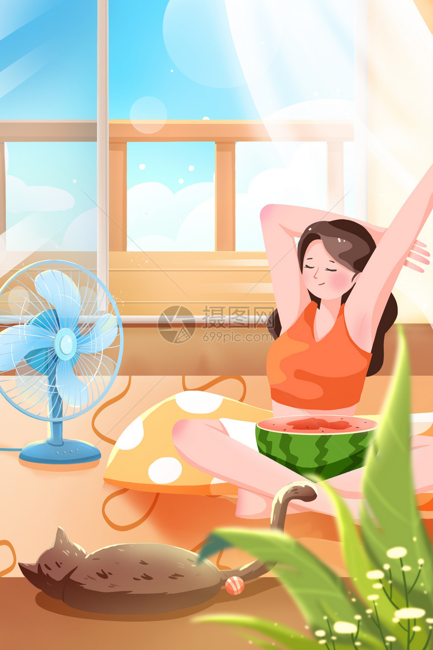 夏日三伏天少女在家吹风扇乘凉吃西瓜竖版插画图片