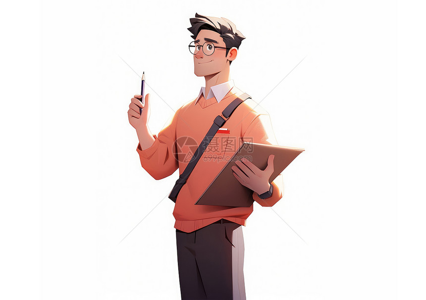 手拿笔抱着书本的时尚卡通男老师图片