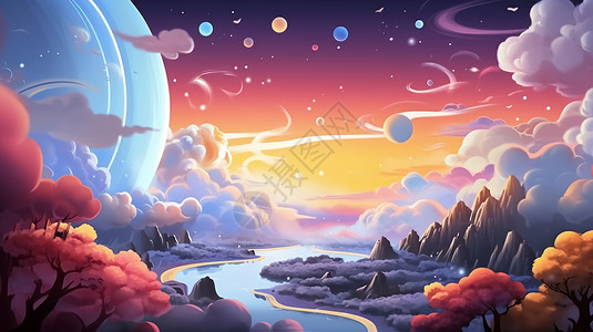 超现实梦幻山川河流与星空卡通风景背景图片