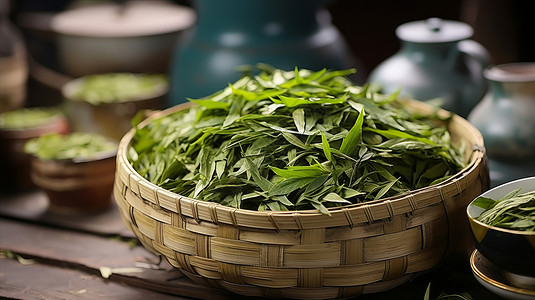绿茶叶子竹筐中新鲜的绿茶背景