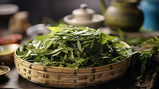 竹筐中放着满满的新鲜绿茶图片