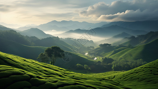 满满绿色的新鲜园在高山上图片