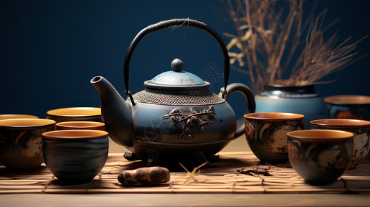 古风粗瓷茶壶茶杯放在桌子上背景图片