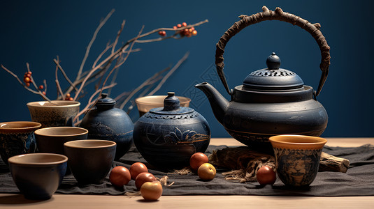 在桌子上的古风茶壶与茶杯高清图片