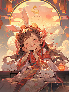 仙气飘飘嫦娥和兔子中秋节插画图片