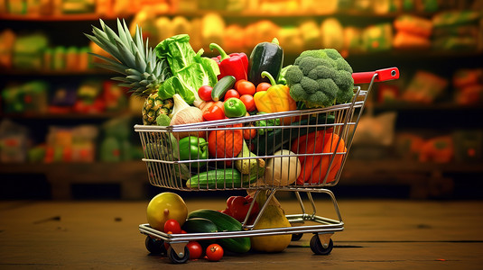 超市年货实景装满瓜果蔬菜的购物车微缩设计图片