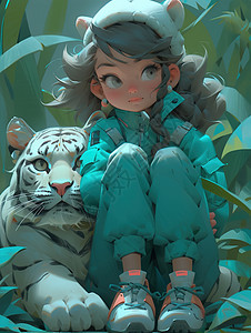 猫科动物老虎女孩跟老虎一起在植物房里插画