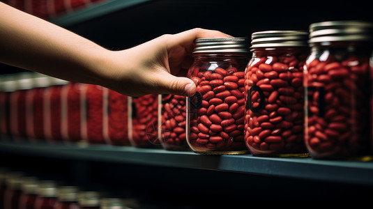 红色豆子手拿超市中陈列的商品装满红豆的透明瓶子插画