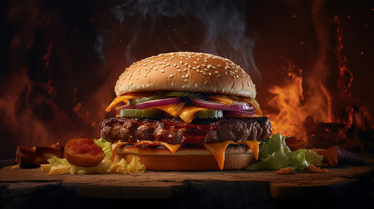 火边子牛肉美味的快餐汉堡插画