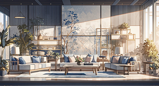 现代中式家具阳光照在新中式客厅沙发上插画