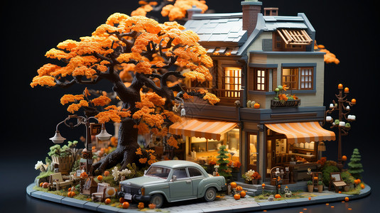 立体卡通微缩房子旁一棵橙色叶子大树图片