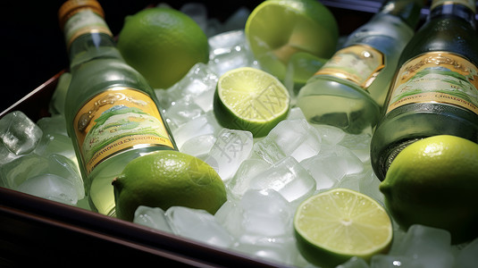 青柠饮料放在冰块上的柠檬玻璃瓶装汽水插画