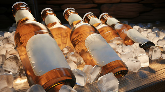 一堆饮料放在冰块上的玻璃瓶装啤酒插画