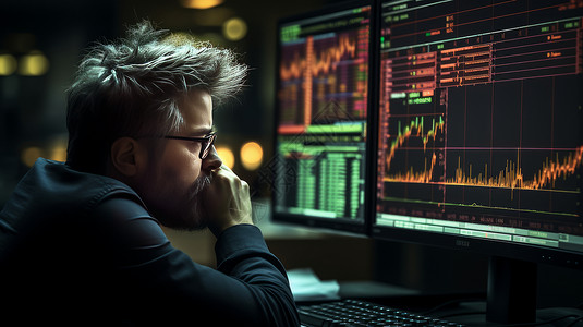 人物实拍素材坐在电脑前研究股票走势的白头发男人插画