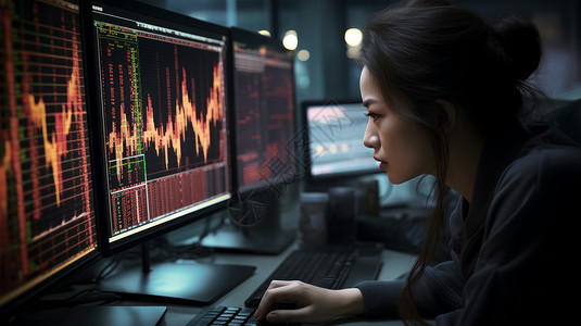 坐在电脑前看股票走势的女人背景图片