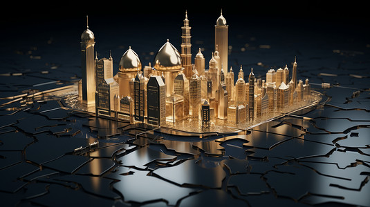 金色清真寺闪闪发光的金色金属质感楼群模型插画