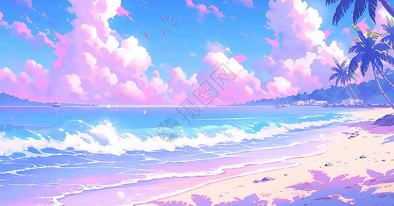 唯美小清新意境沙滩海边插画背景图片
