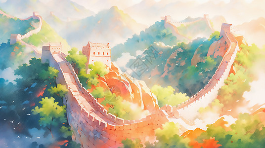 中国古建筑城墙树木城墙光影插画插画