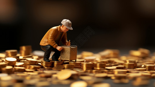 人站在钱上站在金币堆中搬箱子的微缩小人插画