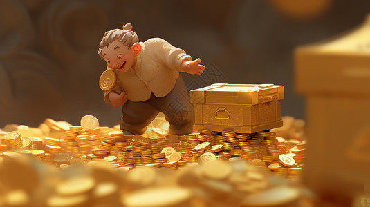 在宝藏金币中开心笑的卡通小人物背景图片