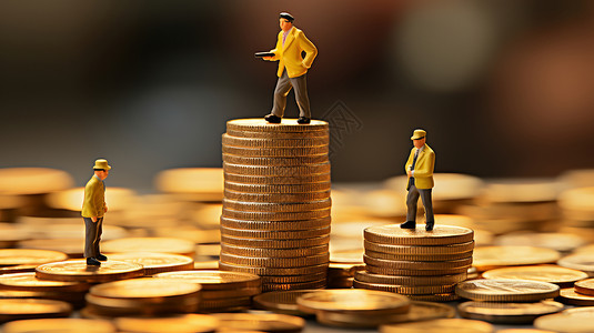 人站在钱上很多金币叠起来卡通微缩小人物站在金币上插画