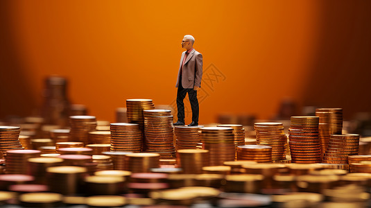投资广告一个小小的老年人站在满满的金币山上插画